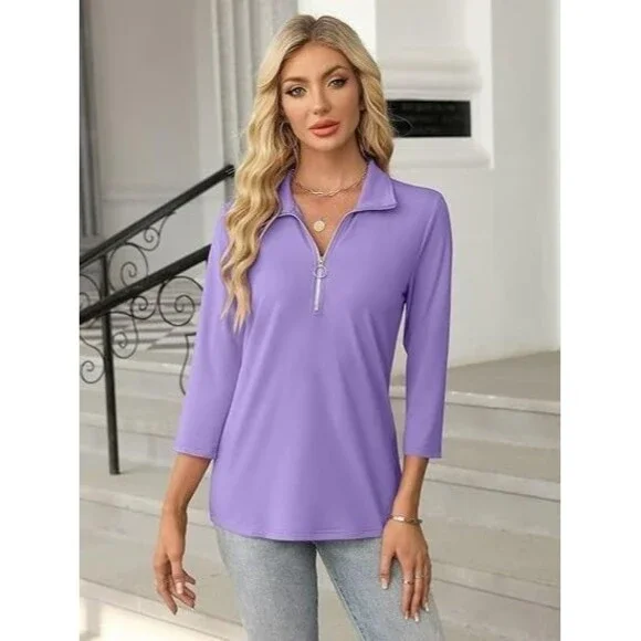 TICTICMISS Women's 3/4 Sleeve Tops XL Collared V Neck 1/4 Zip Polo Shirt Purple - Picture 6 of 7